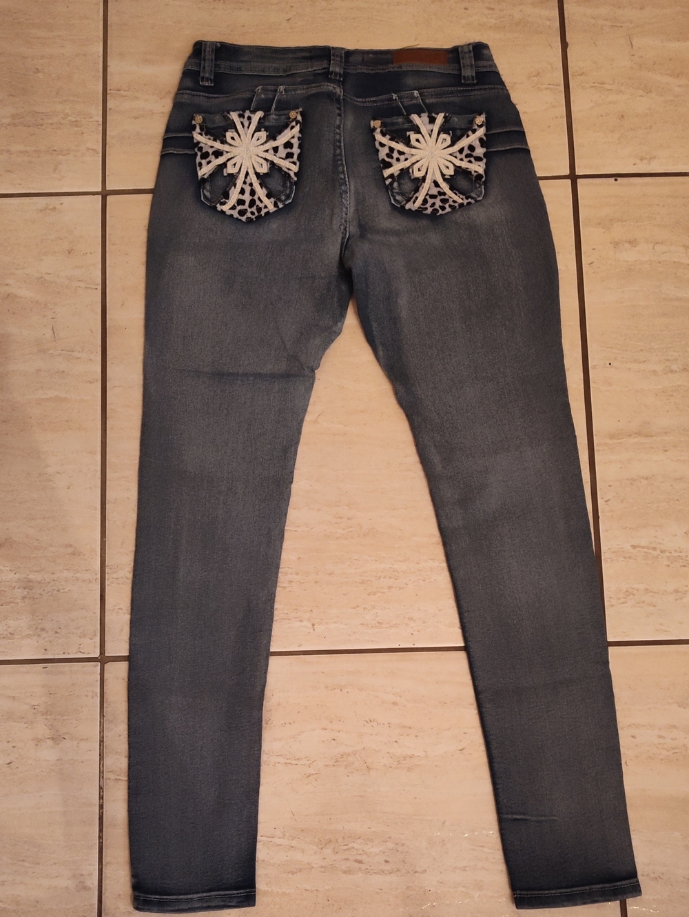 Dark Blue Skinny Jeans with White Embroidered Pocket Detail
